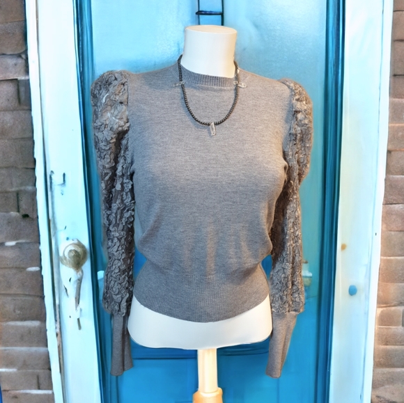 Fitted puff arm knit jumper with embellished mesh sleeves, UK size 10 12, AS NEW - Picture 10 of 12